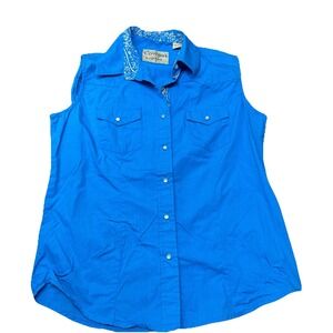 Cowgirl Legend Sleeveless Tank Pearl Snap Western Shirt Blue Cotton Women's M